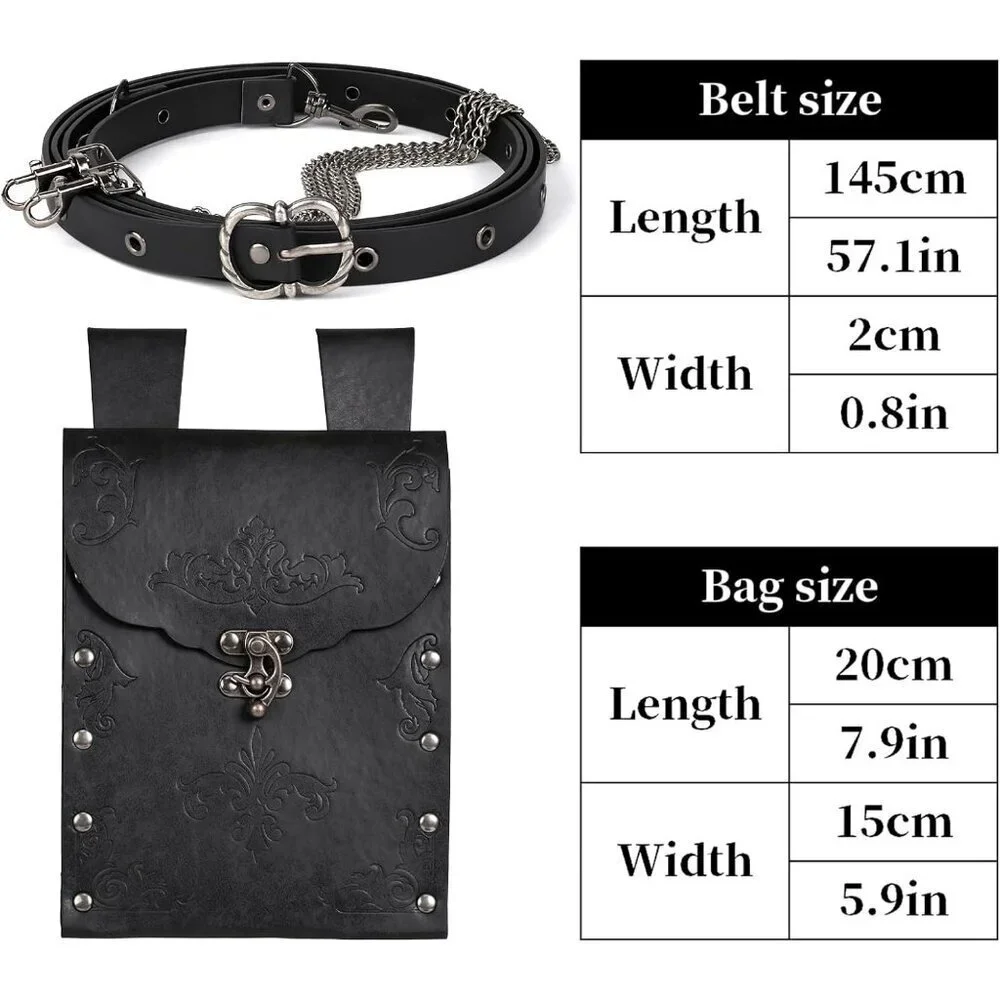 Medieval Women Belt Vintage Faux Leather Chain Pouch Costume Accessory